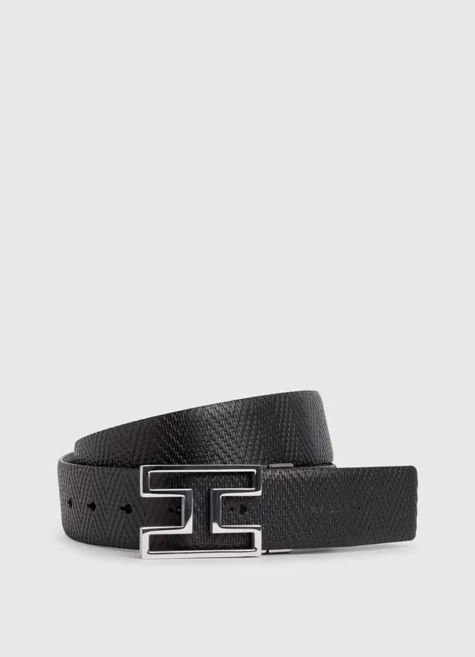 Men Belts Hackett London Leather Belt With Herringbone Design Black