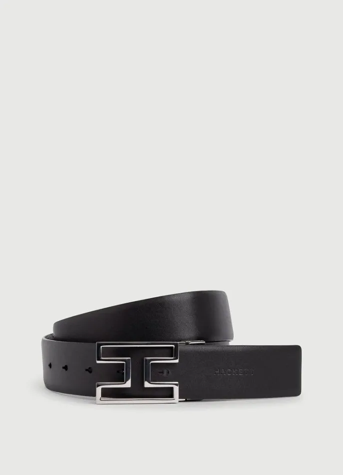 Men Belts Hackett London Leather Belt With Herringbone Design Black