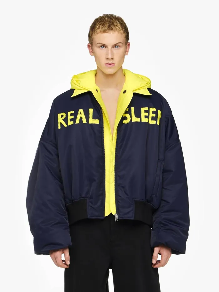 Men Coats and Jackets JW Anderson 034REAL SLEEP034 BOMBER JACKET Navyyellow Men Coats and Jackets JW Anderson 034REAL SLEEP034 BOMBER JACKET Navyyellow