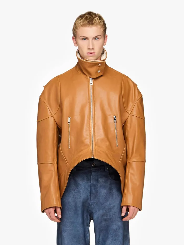 Men Coats and Jackets JW Anderson CURVED LEATHER HEM HIGH NECK JACKET Tan Men Coats and Jackets JW Anderson CURVED LEATHER HEM HIGH NECK JACKET Tan
