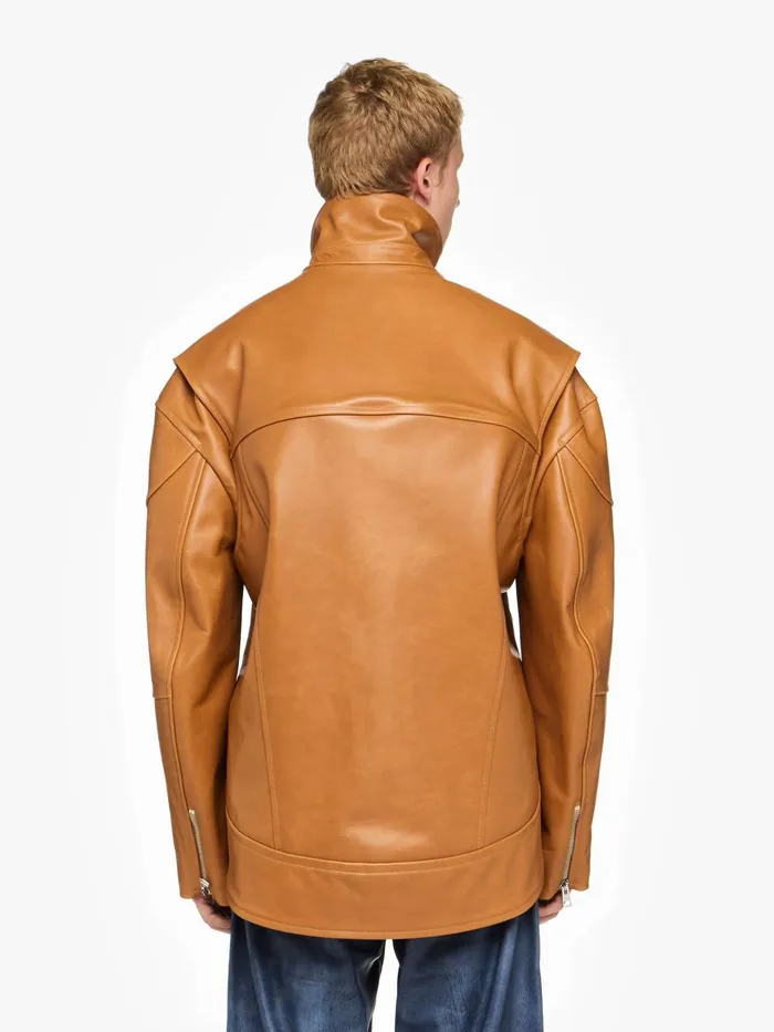 Men Coats and Jackets JW Anderson CURVED LEATHER HEM HIGH NECK JACKET Tan Men Coats and Jackets JW Anderson CURVED LEATHER HEM HIGH NECK JACKET Tan