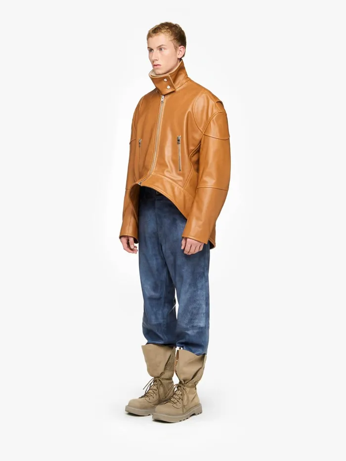Men Coats and Jackets JW Anderson CURVED LEATHER HEM HIGH NECK JACKET Tan Men Coats and Jackets JW Anderson CURVED LEATHER HEM HIGH NECK JACKET Tan