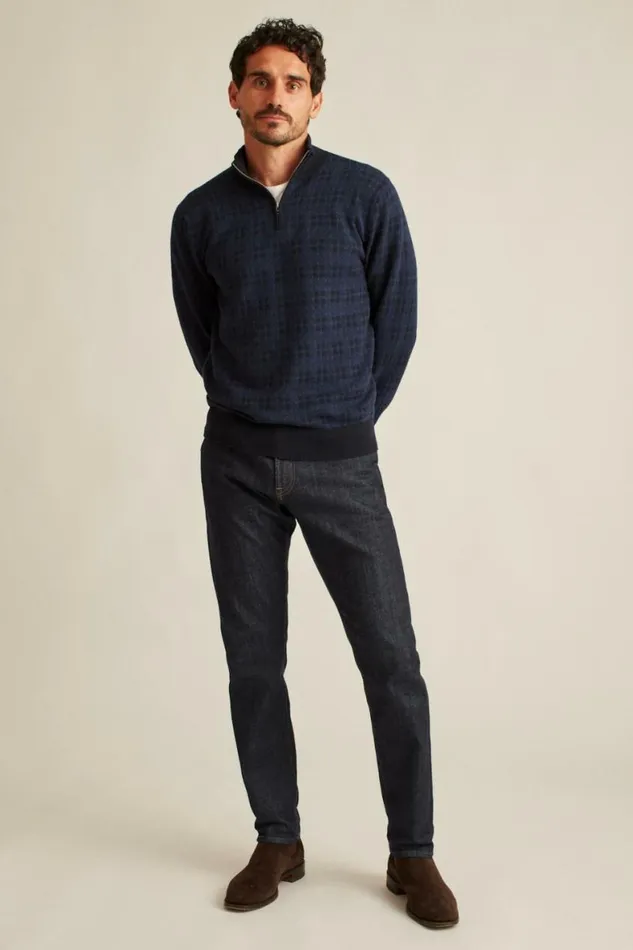 Men Cotton Cashmere HalfZip Black And Blue Houndstooth Bonobos Half and FullZips