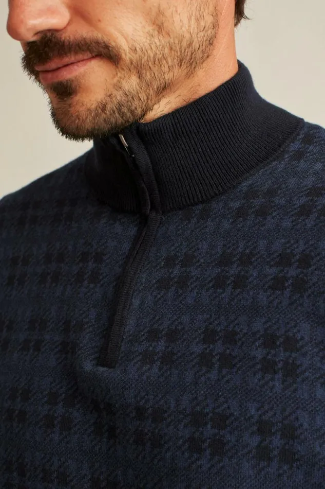Men Cotton Cashmere HalfZip Black And Blue Houndstooth Bonobos Half and FullZips