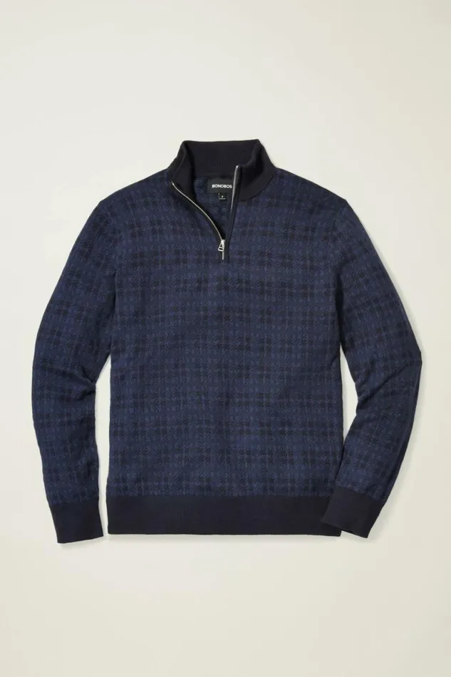 Men Cotton Cashmere HalfZip Black And Blue Houndstooth Bonobos Half and FullZips