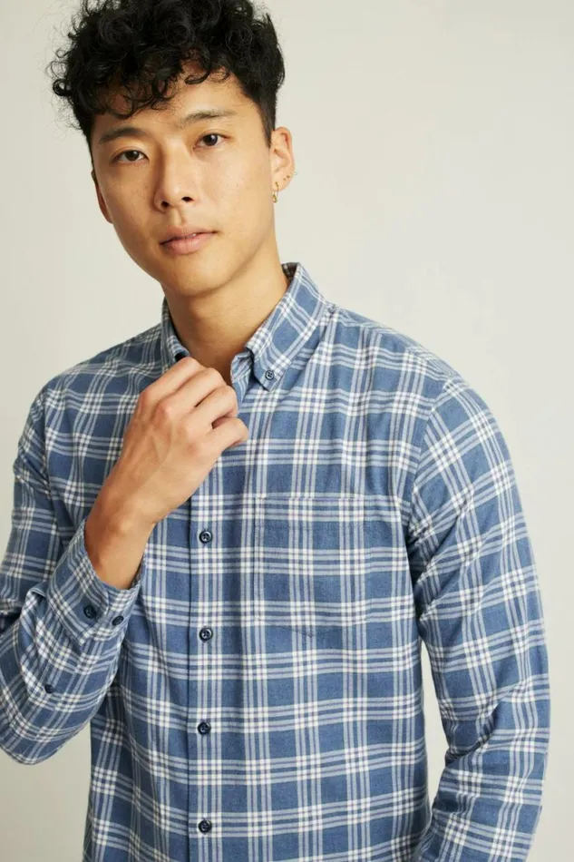 Men Everyday Lightweight Flannel Shirt Navy White Plaid Bonobos Overshirts
