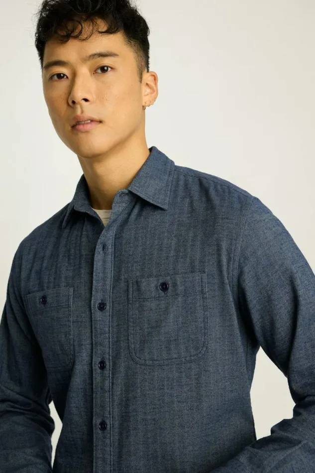 Men Fireside Flannel Shirt Denim Blue Herringbone Bonobos Overshirts