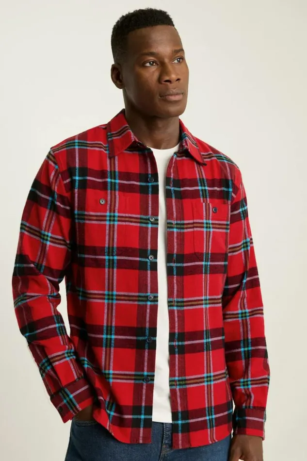Men Fireside Flannel Shirt Red Blue Freeman Plaid Bonobos Overshirts