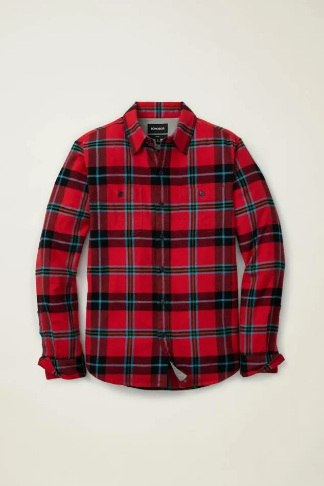 Men Fireside Flannel Shirt Red Blue Freeman Plaid Bonobos Overshirts