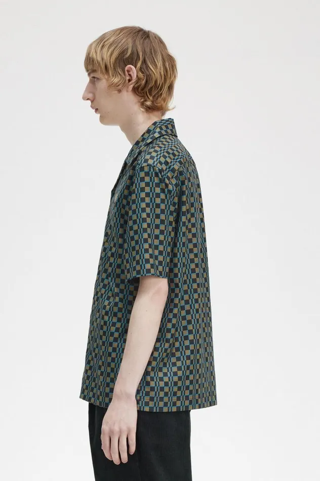 Men Glitch Chequerboard Revere Collar Shirt Uniform Green Fred Perry Shirts