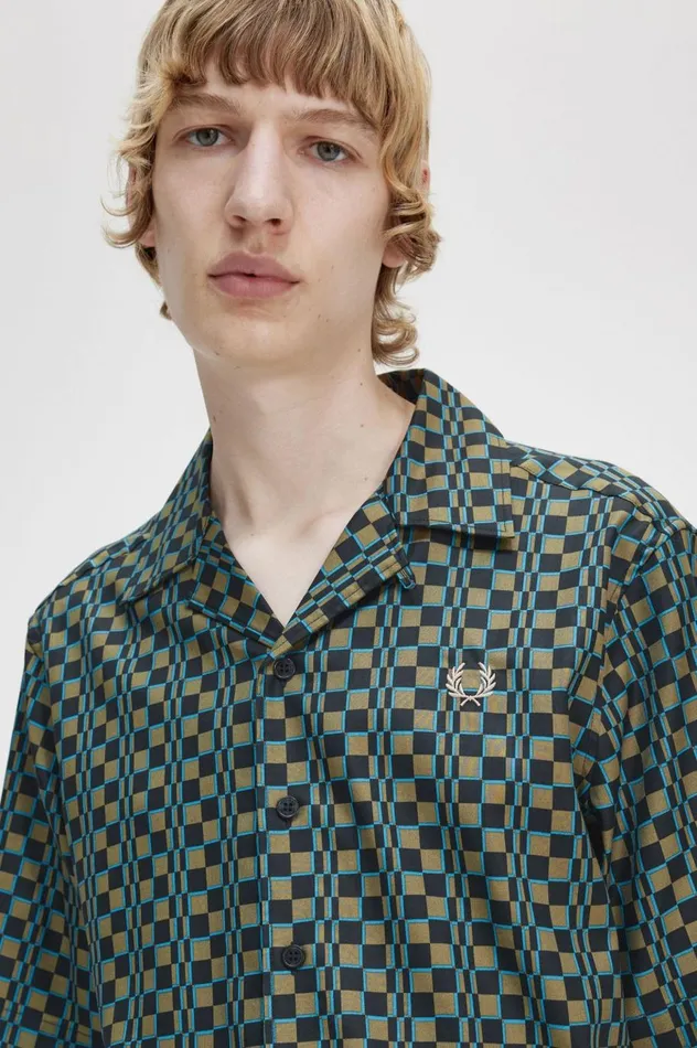 Men Glitch Chequerboard Revere Collar Shirt Uniform Green Fred Perry Shirts