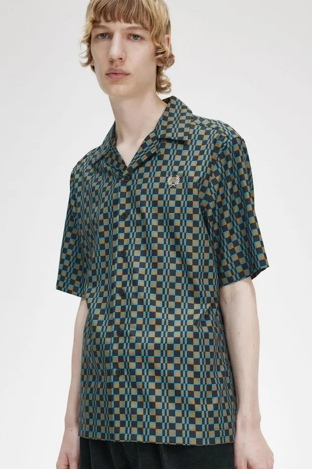 Men Glitch Chequerboard Revere Collar Shirt Uniform Green Fred Perry Shirts