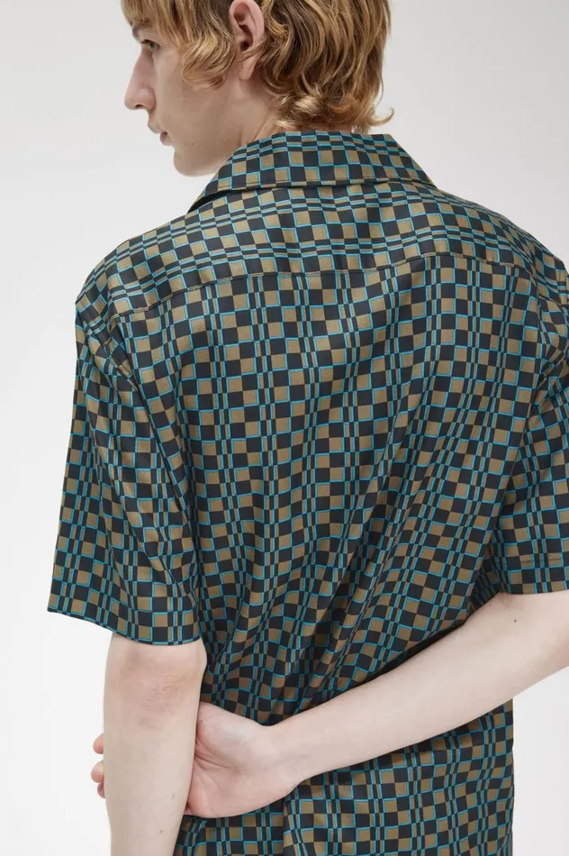 Men Glitch Chequerboard Revere Collar Shirt Uniform Green Fred Perry Shirts