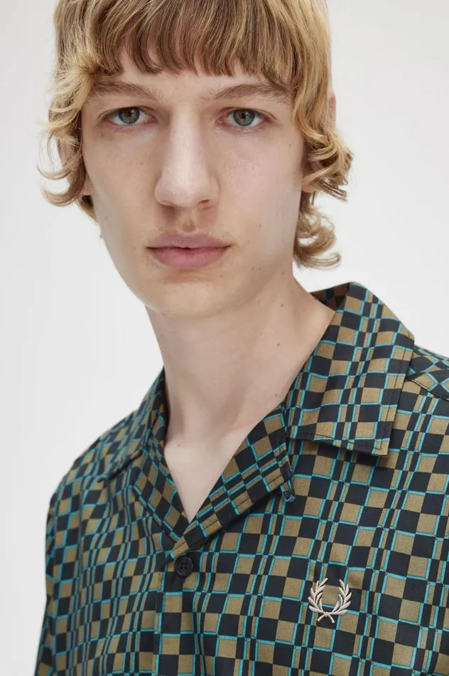 Men Glitch Chequerboard Revere Collar Shirt Uniform Green Fred Perry Shirts