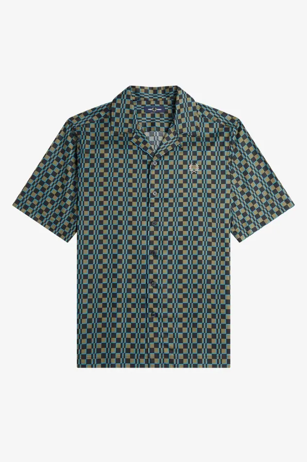Men Glitch Chequerboard Revere Collar Shirt Uniform Green Fred Perry Shirts
