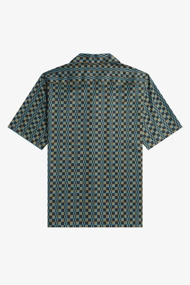 Men Glitch Chequerboard Revere Collar Shirt Uniform Green Fred Perry Shirts
