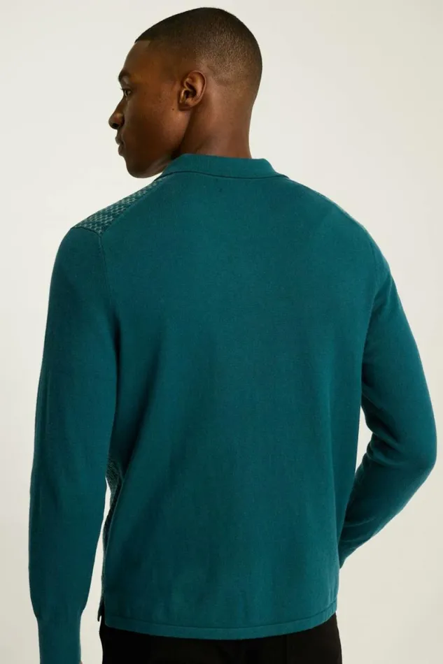Men Hudson Long Sleeve Sweater Polo Teal Cotton Cashmere Bonobos Cardigans