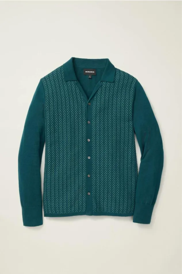 Men Hudson Long Sleeve Sweater Polo Teal Cotton Cashmere Bonobos Cardigans
