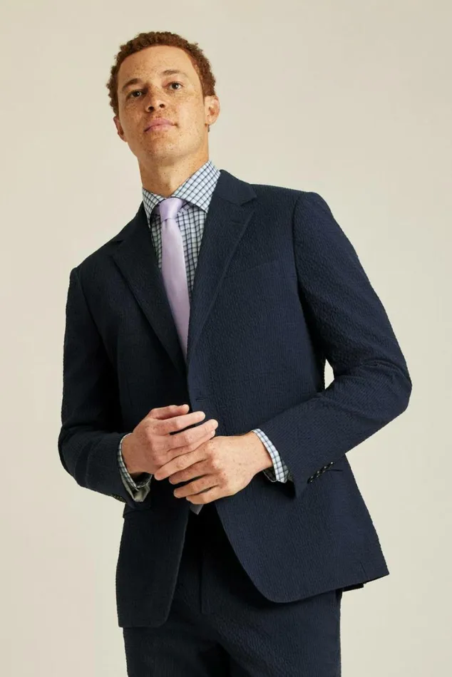 Men Italian Stretch Seersucker Suit Jacket Navy And Black Seersucker Bonobos Blazers and Sport Coats