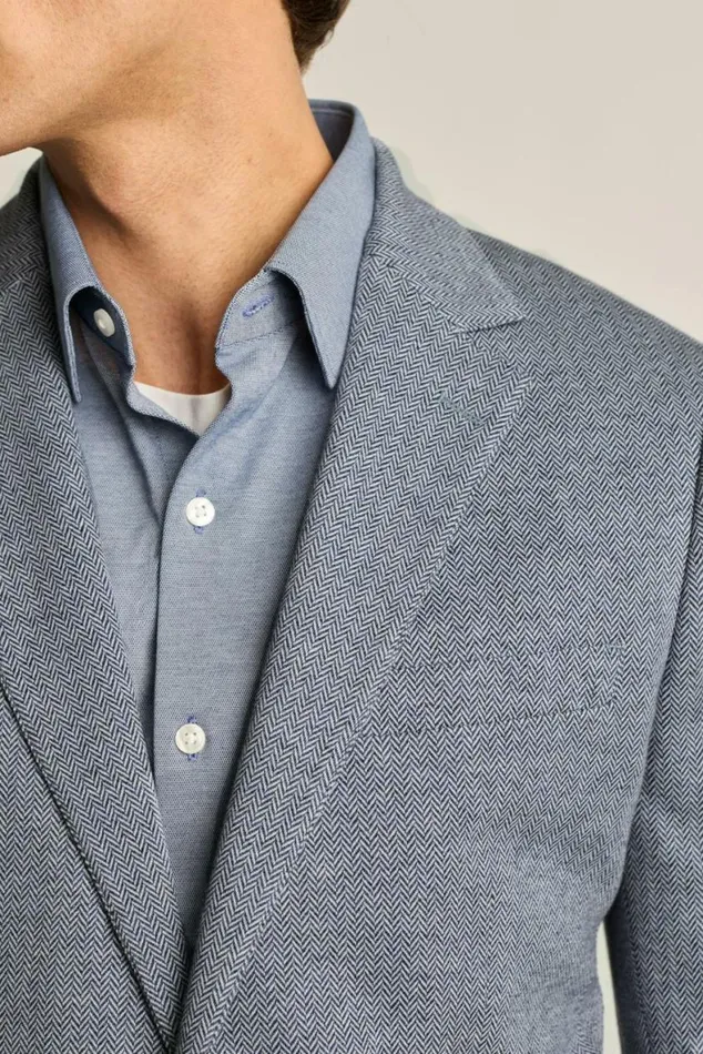 Men Jetsetter Knit Blazer Mid Blue Herringbone Bonobos Blazers and Sport Coats