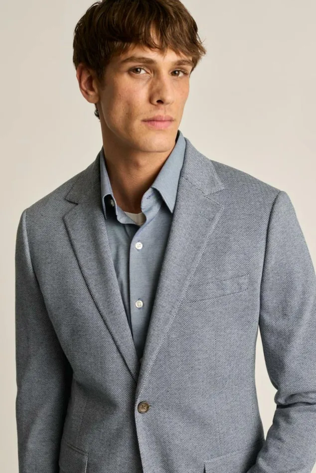 Men Jetsetter Knit Blazer Mid Blue Herringbone Bonobos Blazers and Sport Coats