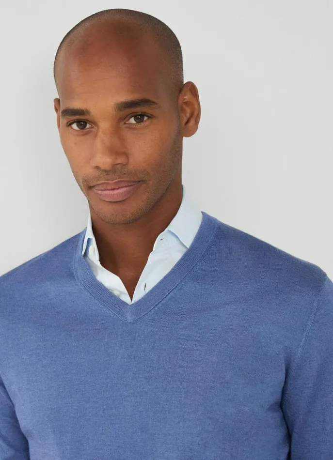 Men Knitwear Hackett London Merino Wool VNeck Jumper Chambray Blue