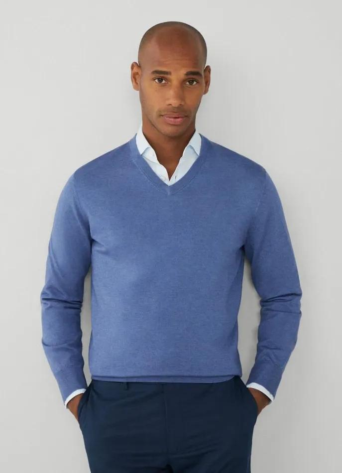 Men Knitwear Hackett London Merino Wool VNeck Jumper Chambray Blue