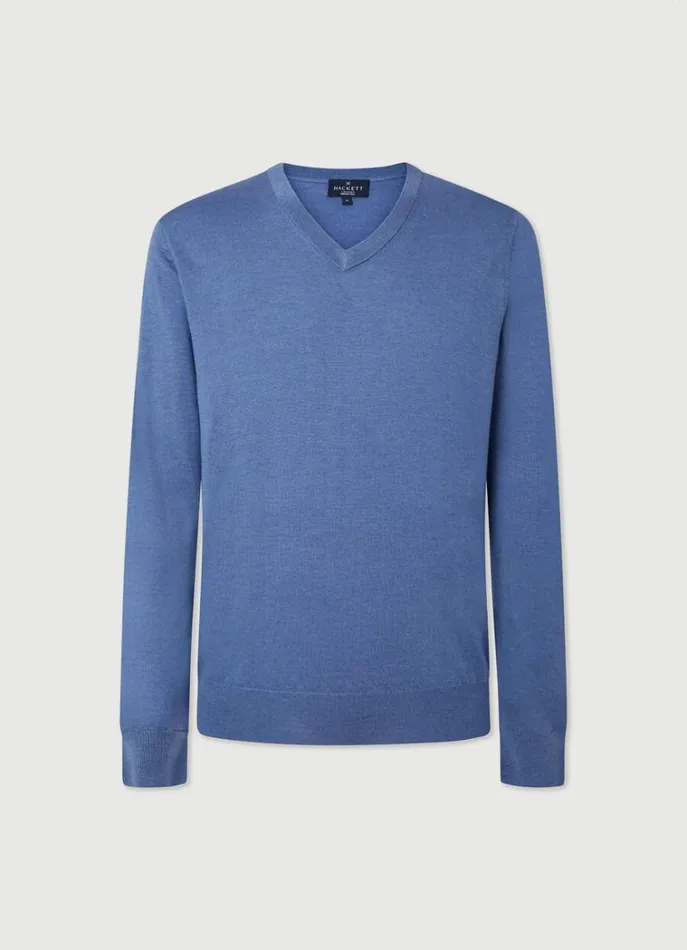 Men Knitwear Hackett London Merino Wool VNeck Jumper Chambray Blue