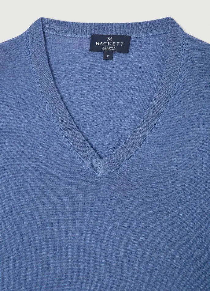 Men Knitwear Hackett London Merino Wool VNeck Jumper Chambray Blue