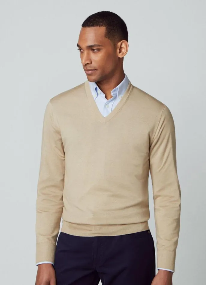 Men Knitwear Hackett London Merino Wool VNeck Jumper Taupe Beige