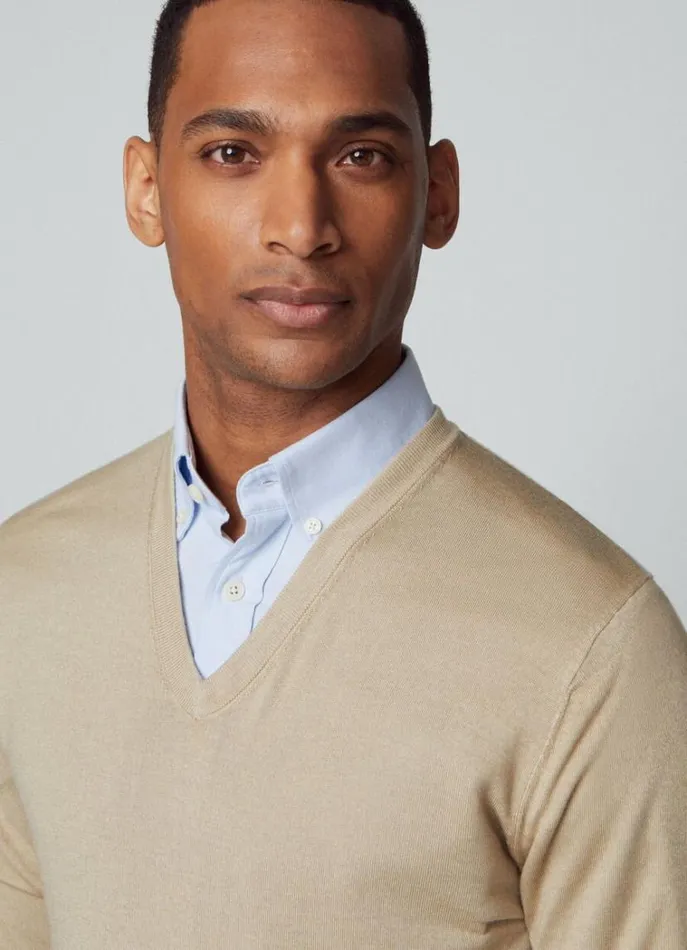 Men Knitwear Hackett London Merino Wool VNeck Jumper Taupe Beige