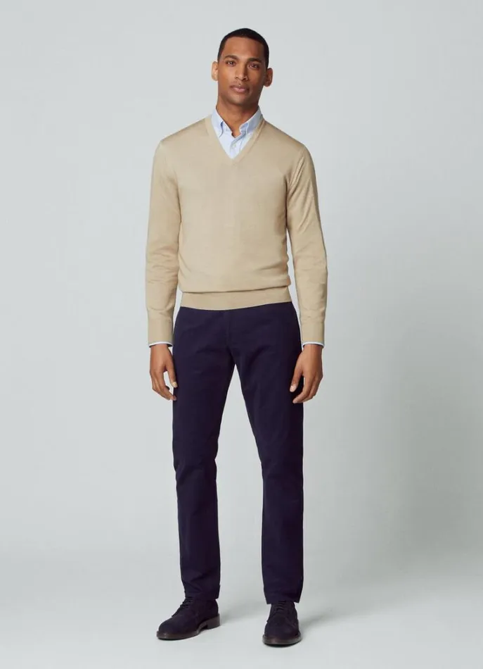 Men Knitwear Hackett London Merino Wool VNeck Jumper Taupe Beige