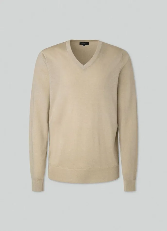 Men Knitwear Hackett London Merino Wool VNeck Jumper Taupe Beige