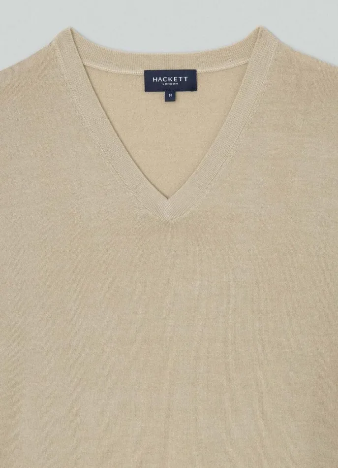 Men Knitwear Hackett London Merino Wool VNeck Jumper Taupe Beige