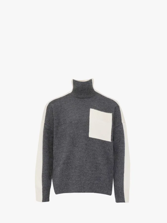 Men Knitwear JW Anderson DUAL TONE 8211 PATCH POCKET TURTLENECK SWEATER Grey