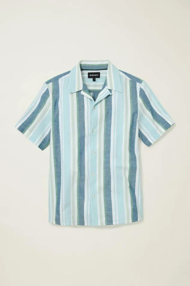Men Limited Edition Riviera Cabana Shirt Blue Tortuga Stripe Bonobos Short Sleeve Shirts