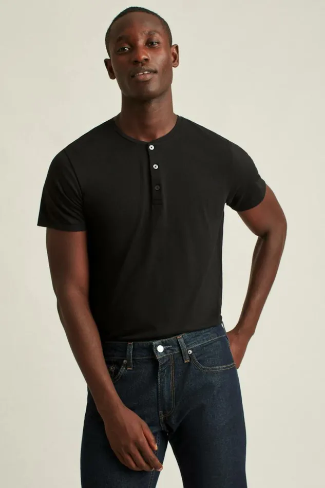 Men Pima Performance Short Sleeve Henley Jet Black Bonobos Henleys