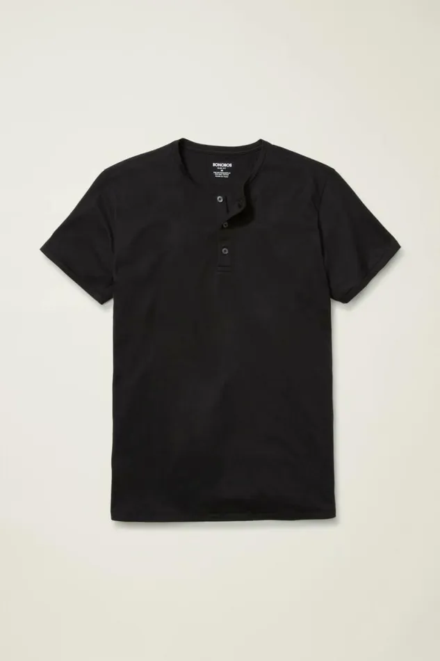 Men Pima Performance Short Sleeve Henley Jet Black Bonobos Henleys