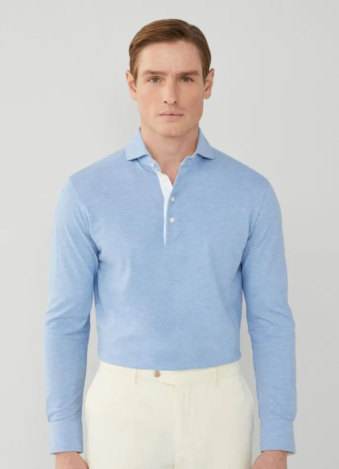 Men Polo Shirts Hackett London Classic Fit Long Sleeve Polo Shirt Oxford Blue
