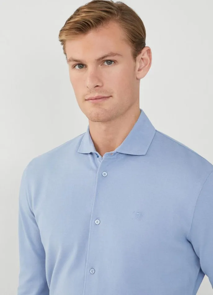 Men Polo Shirts Hackett London Slim Fit Stretch Piqu Shirt Chambray Blue