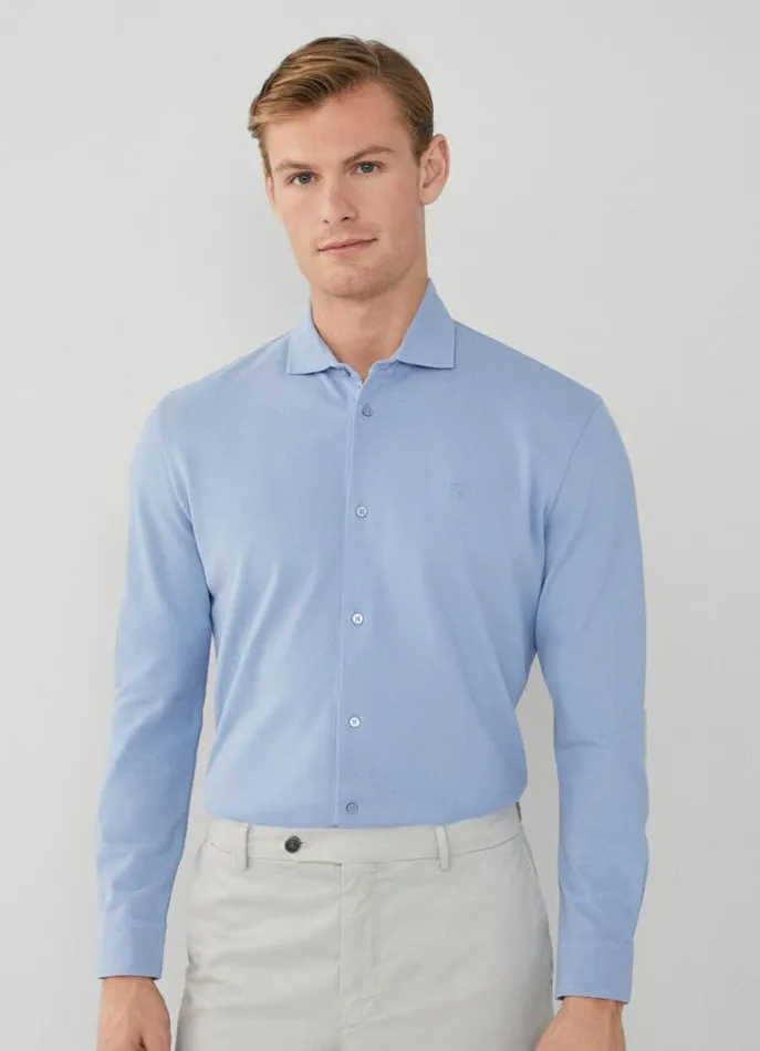 Men Polo Shirts Hackett London Slim Fit Stretch Piqu Shirt Chambray Blue