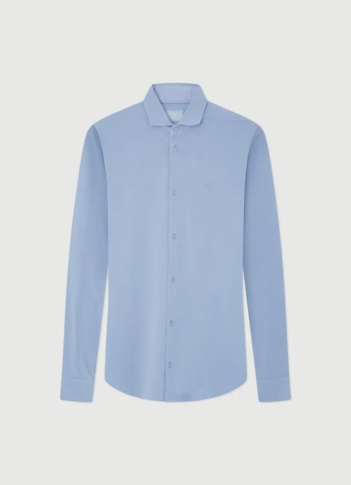 Men Polo Shirts Hackett London Slim Fit Stretch Piqu Shirt Chambray Blue