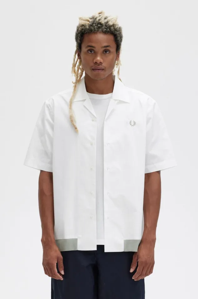 Men Ribbed Hem Revere Collar Shirt Snow White Fred Perry Shirts