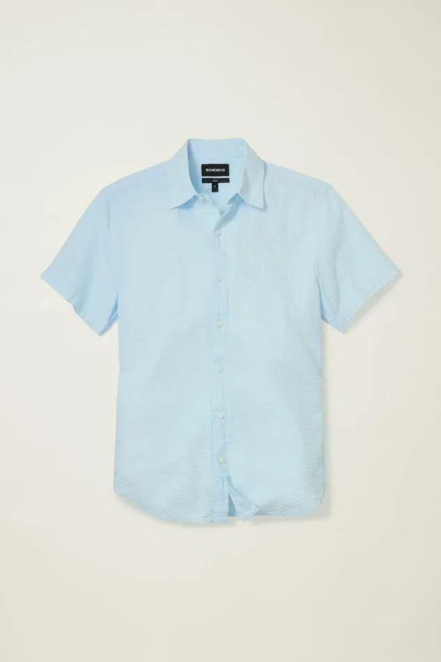 Men Riviera Short Sleeve Shirt Light Blue Seersucker Bonobos Short Sleeve Shirts