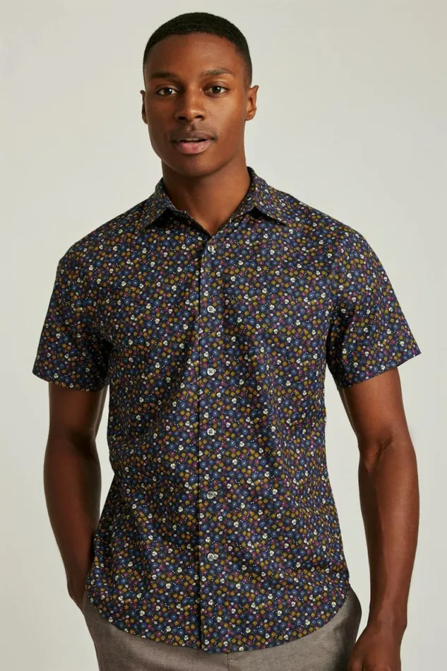 Men Riviera Short Sleeve Shirt Navy Autumn Micro Floral Bonobos Short Sleeve Shirts