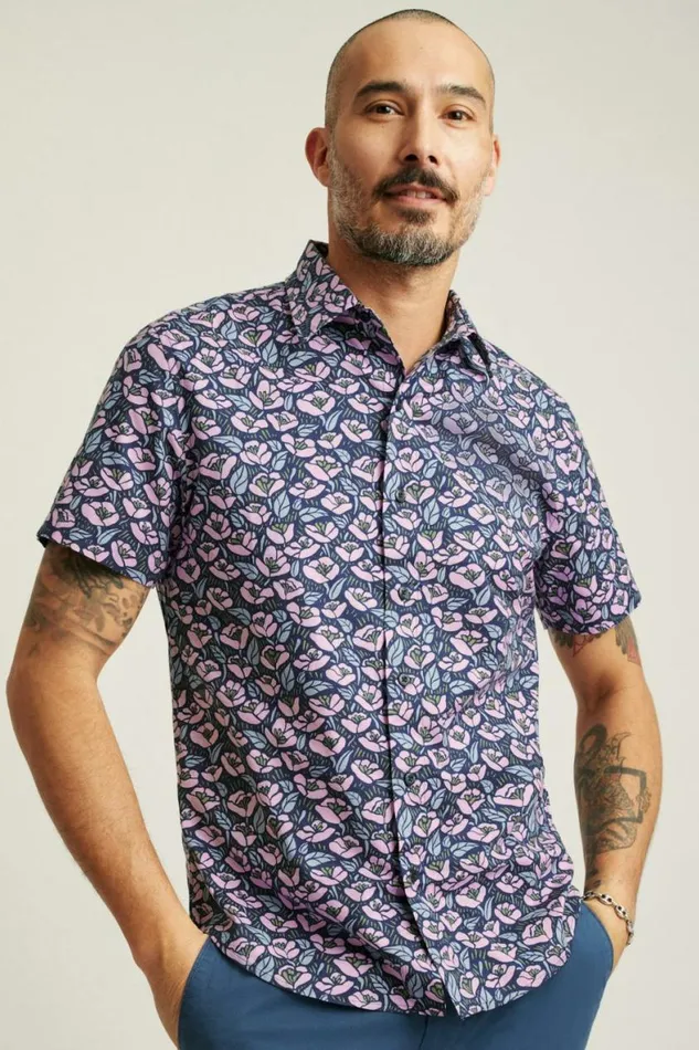 Men Riviera Short Sleeve Shirt Navy Pink Floral Bonobos Short Sleeve Shirts