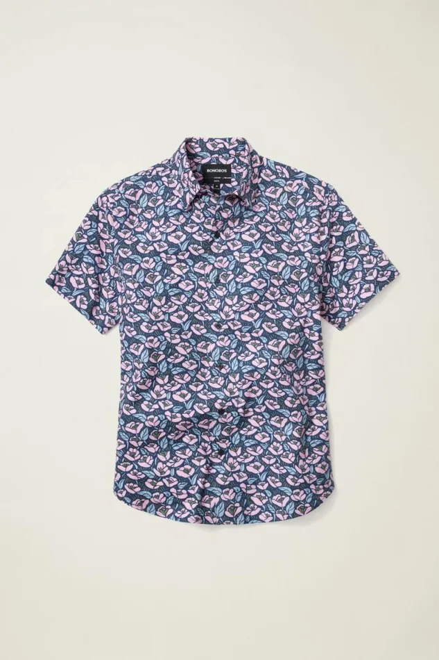 Men Riviera Short Sleeve Shirt Navy Pink Floral Bonobos Short Sleeve Shirts