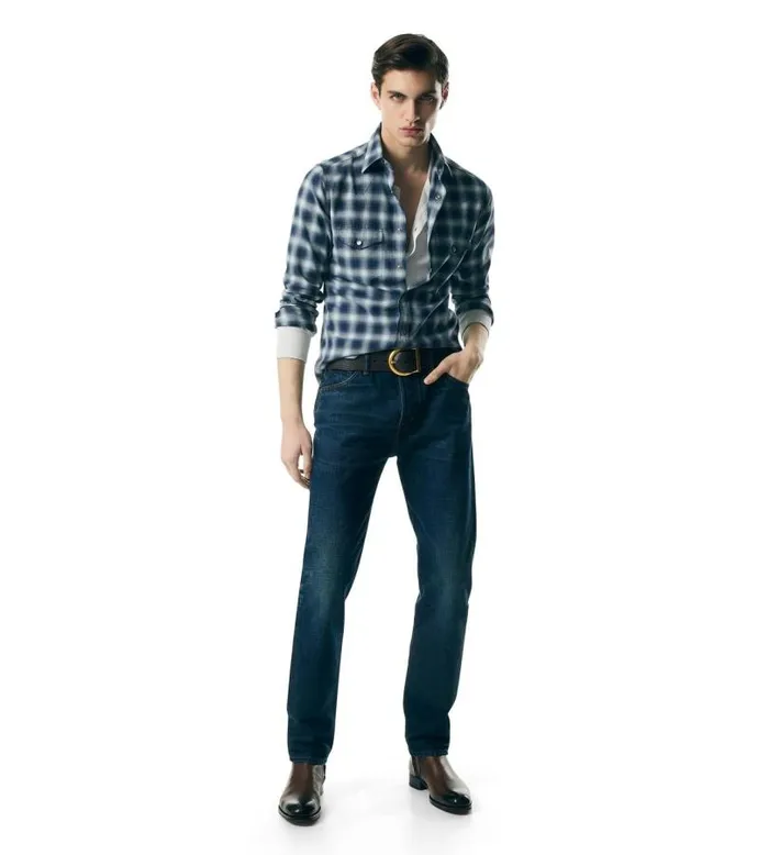 Men Shirts Tom Ford Shadow Check Western Shirt Combo Dark Blue White Men Shirts Tom Ford Shadow Check Western Shirt Combo Dark Blue White