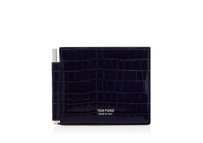 Men Small Leather Goods Tom Ford Glossy Printed Croc Money Clip Wallet Ink