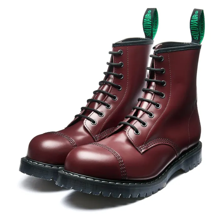 Men Solovair Steel Toe Boots Cherry Red HiShine 8 Eye Steel Toe Derby Boot